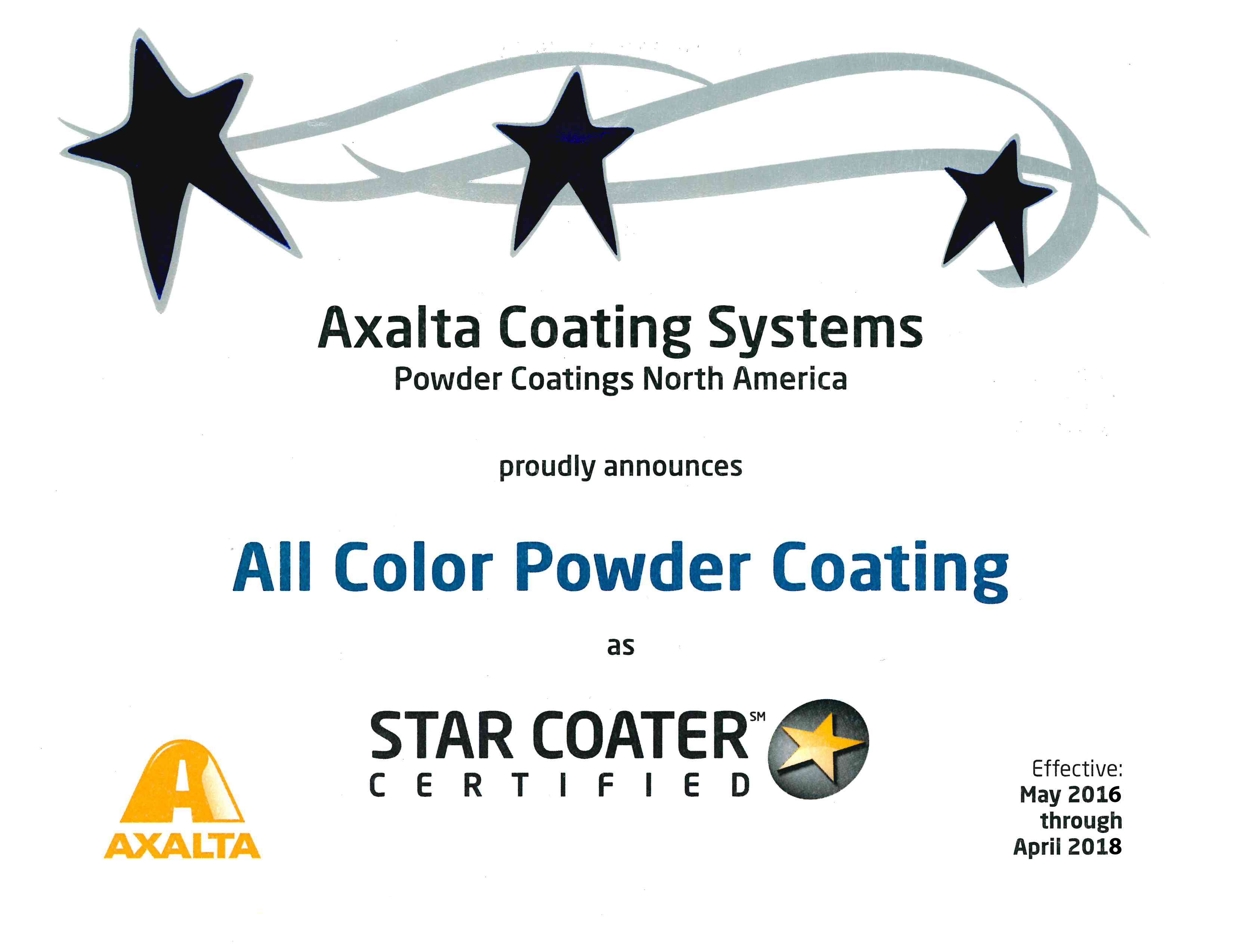 axaltastarcoatercertification20172018 AllColor Powder Coating Oregon, WI
